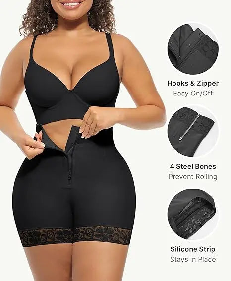 Women's High-Waist Shapewear Shorts with Tummy Control, Butt Lift & Adjustable Zipper, Solid Body Shaper with Lace Trim for Wedding, Activewear, Lightweight