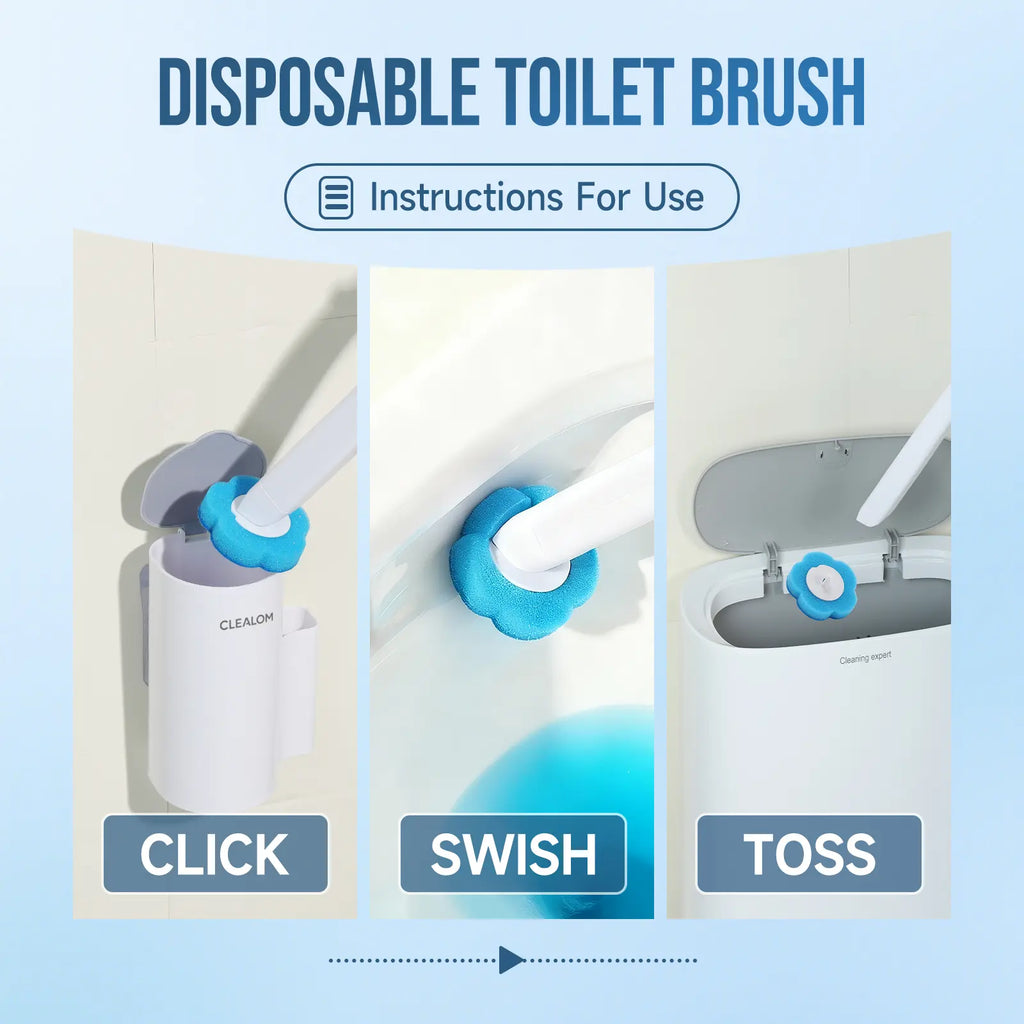 2-Pack Disposable Toilet Brush with Wall-Mount Holder & 48 Refills. Extended handle for hygienic cleaning, suitable for toilet, sink, bathtub, basin and urinal.