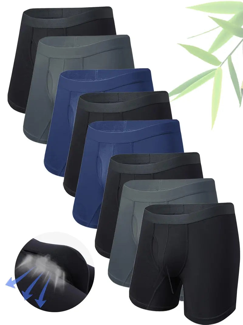 Bamboo Fiber Long Leg Men Boxer Briefs, 8 Pack Breathable Anti-Bacterial Anti-Chafing Sport Underwear For Men